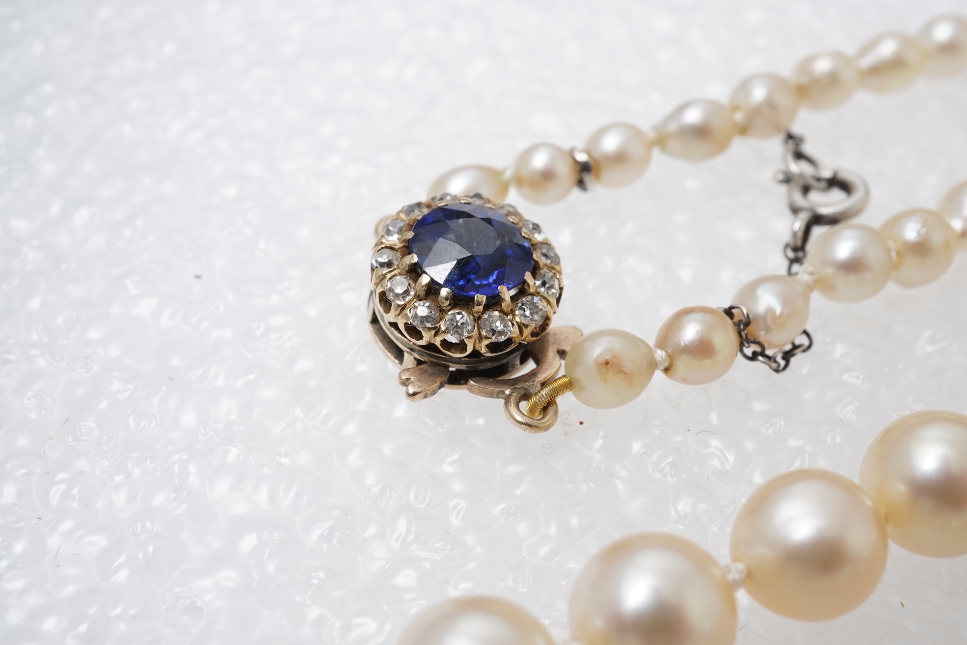 A cultured pearl, sapphire and diamond necklace, 19th century and later